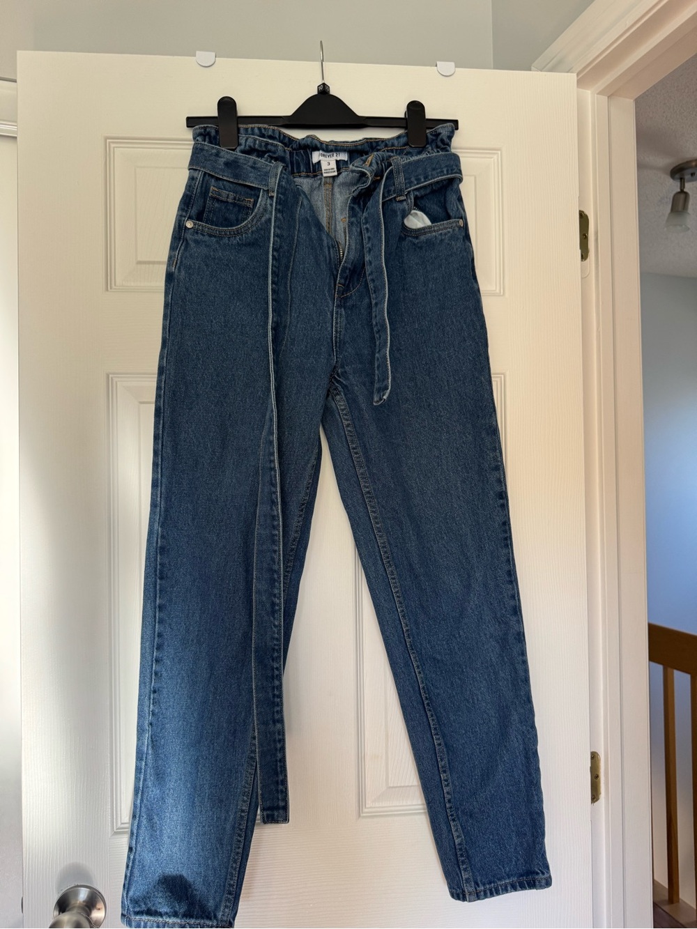 Forever 21 Dark Blue High-Rise Paperbag Jeans with Tie Belt